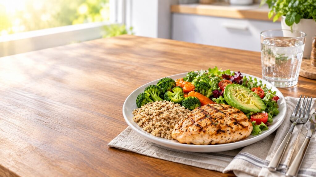 Balanced healthy dinner plate with grilled chicken, brown rice, broccoli, fresh vegetables, and avocado.
