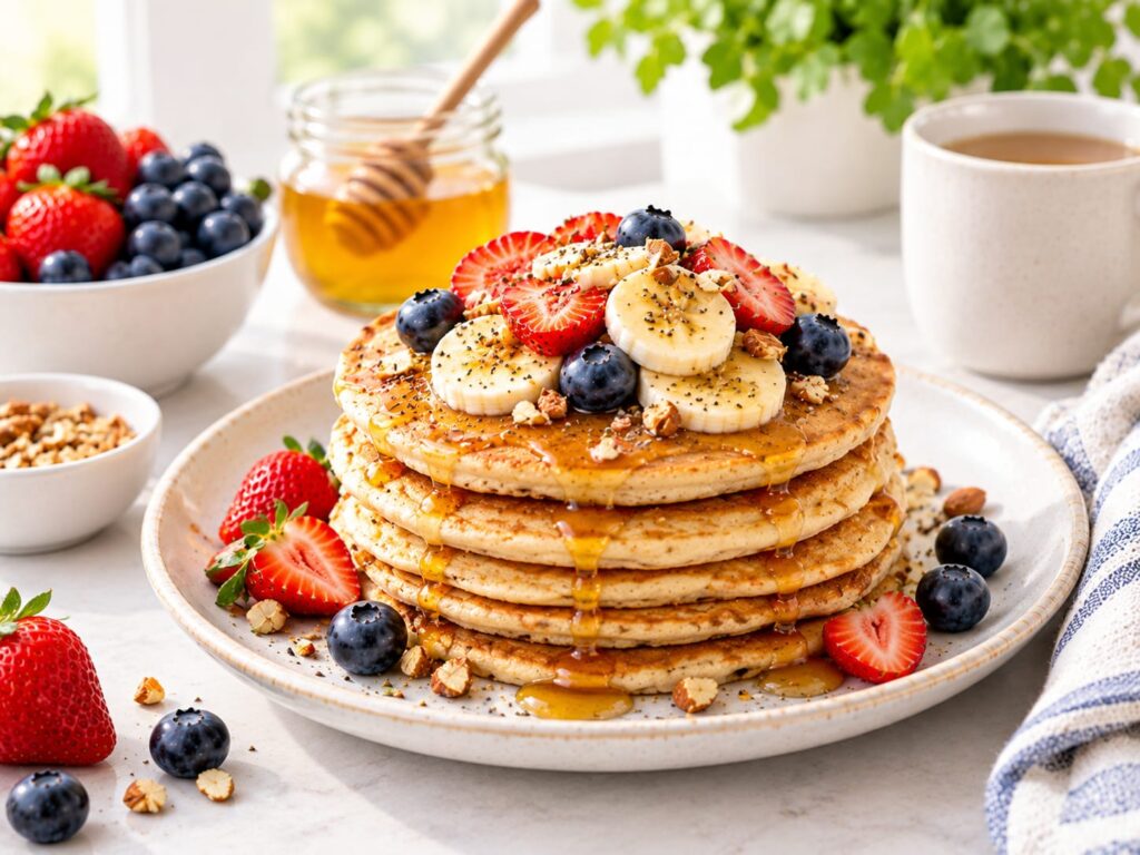 Healthy pancakes topped with banana and fresh berries