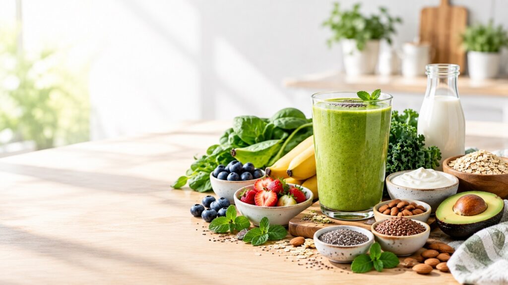 Healthy smoothies made with fruits, vegetables, and nutritious ingredients that provide vitamins, fiber, and energy.