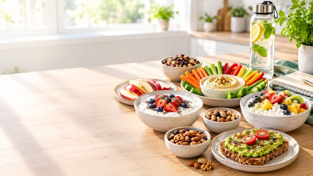 A balanced selection of healthy snacks including yogurt, fruits, vegetables, hummus, nuts, and avocado toast arranged on a table.