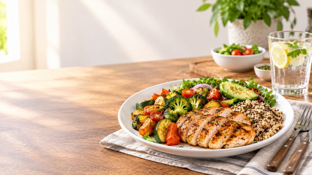 Grilled chicken breast served with roasted broccoli, carrots, zucchini, and sweet potatoes.