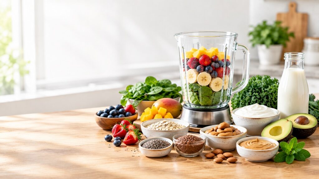 Fresh smoothie ingredients including fruits, vegetables, yogurt, milk, seeds, and nuts arranged for making a balanced smoothie.