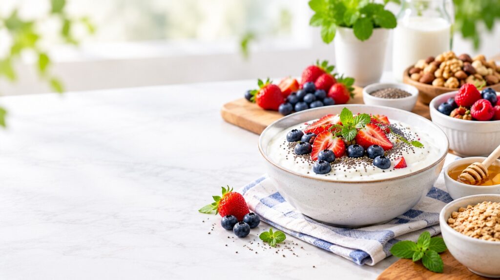 : A bowl of Greek yogurt topped with fresh strawberries, blueberries, chia seeds, and mint leaves.