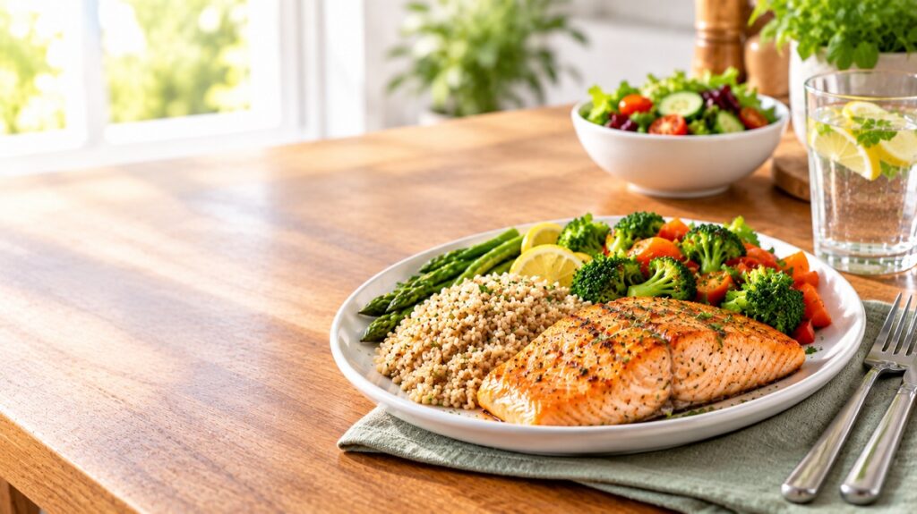 Baked salmon served with brown rice, asparagus, broccoli, and fresh lemon.