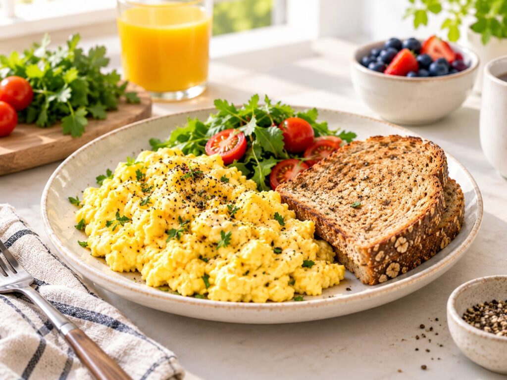 3. Scrambled eggs with whole grain toast and fresh vegetables