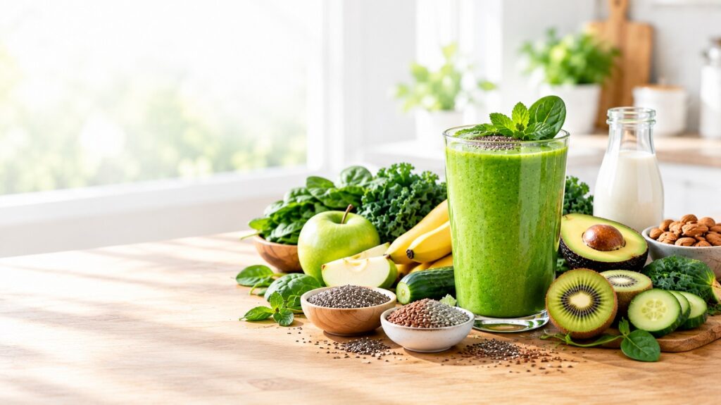 Green spinach smoothie with banana, chia seeds, and healthy ingredients in a glass for a nutritious breakfast.