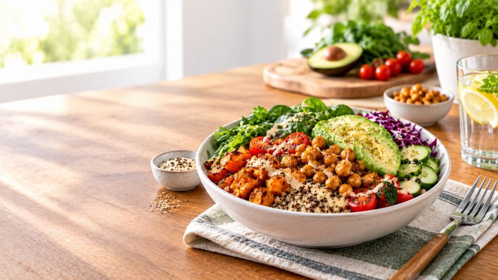 Quinoa bowl with roasted vegetables, chickpeas, avocado, tomatoes, cucumber, and leafy greens.
