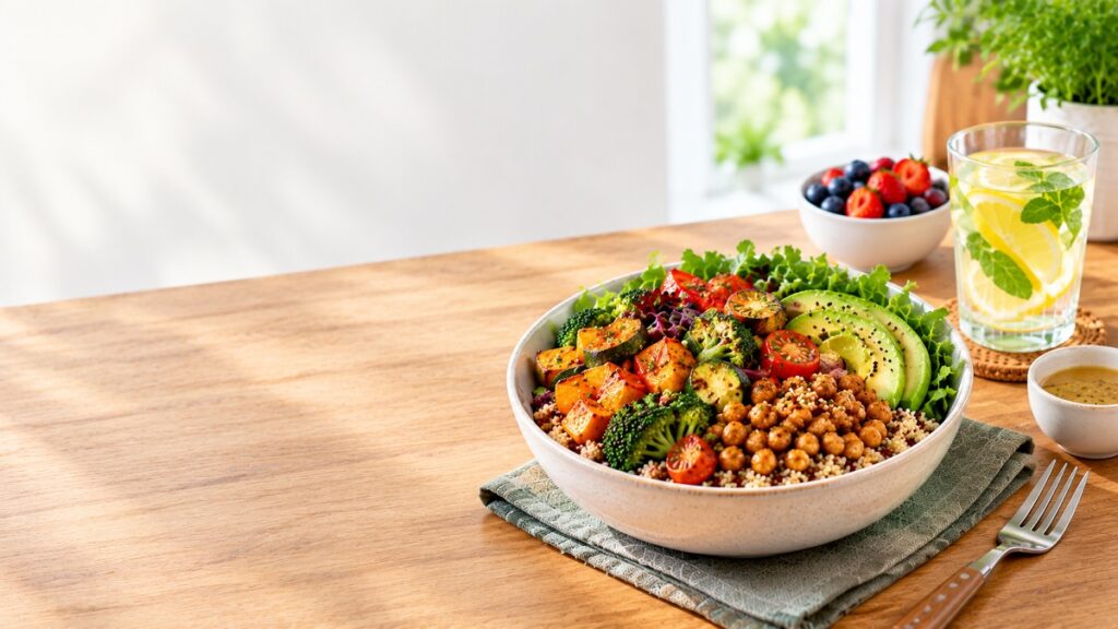 Healthy quinoa vegetable bowl with roasted vegetables, chickpeas, avocado, and fresh greens packed with plant-based nutrition.