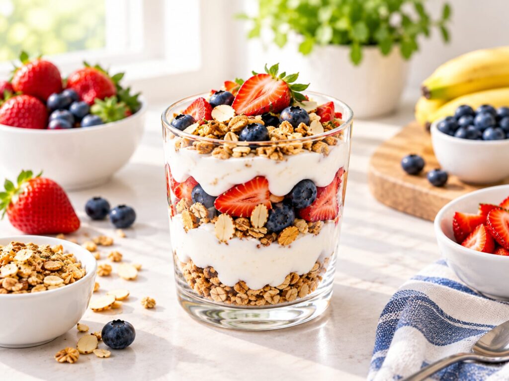 Healthy yogurt bowl with banana and fresh berries