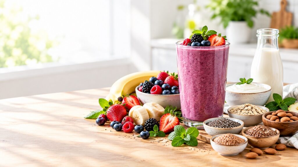 Healthy berry smoothie with strawberries, blueberries, raspberries, and yogurt for antioxidants and nutrition.
