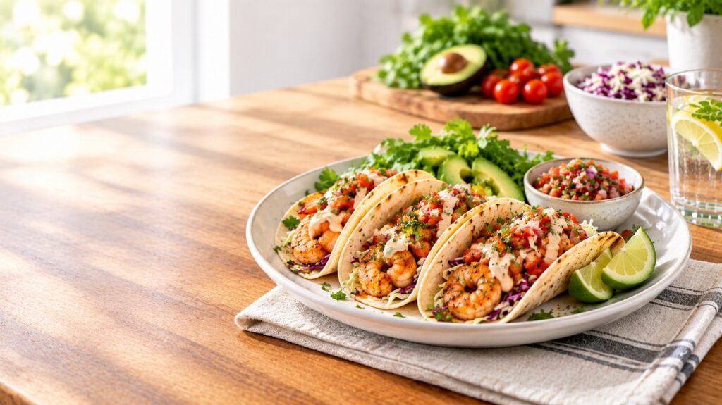Healthy shrimp tacos filled with cabbage, tomatoes, avocado, fresh salsa, and cilantro.