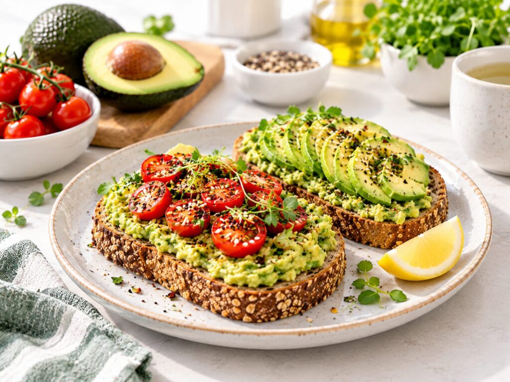 Whole grain avocado toast topped with tomatoes and seeds