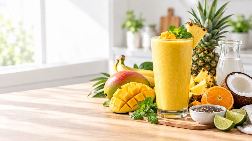 Refreshing mango smoothie made with fresh mango, banana, yogurt, and coconut water for healthy hydration.