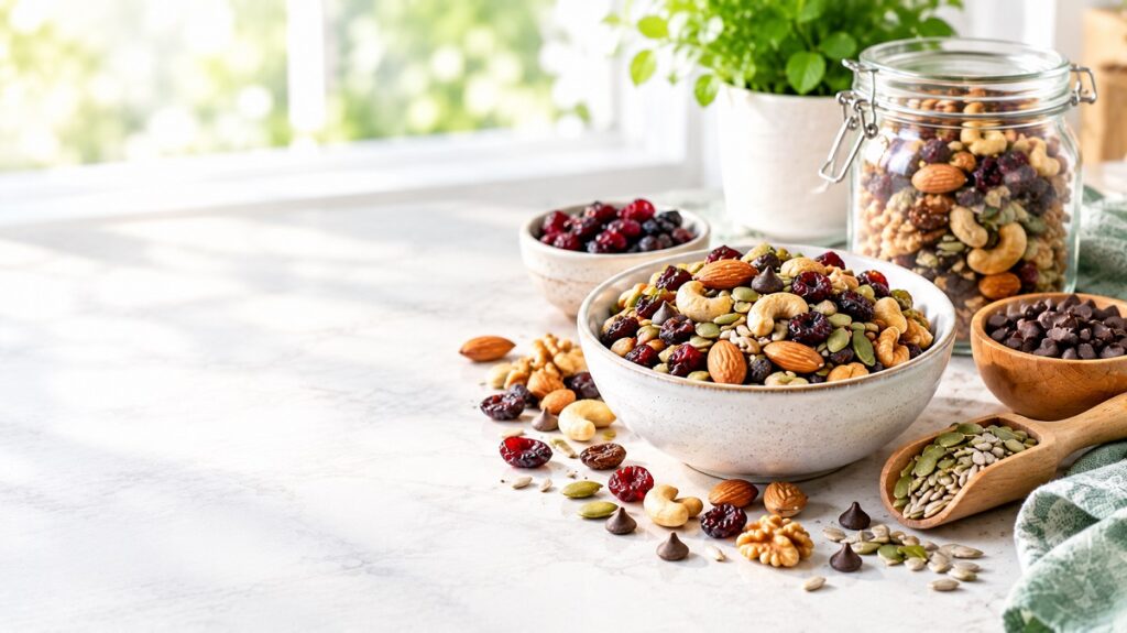 A bowl of mixed almonds, walnuts, pistachios, pumpkin seeds, and sunflower seeds on a wooden table.