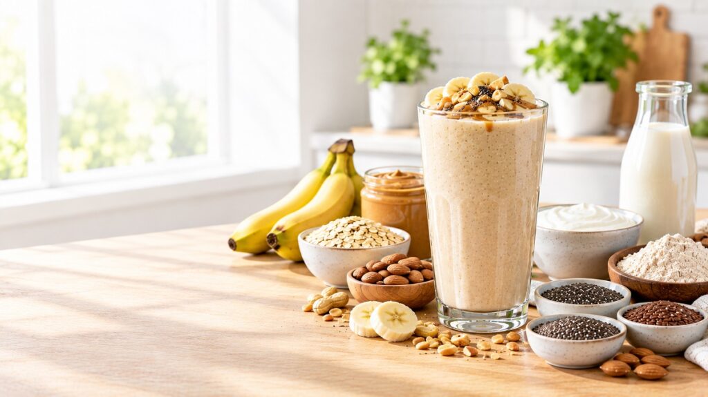 Protein smoothie with banana, peanut butter, oats, and milk for a filling and nutritious drink.