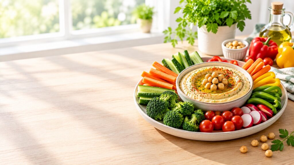 Creamy hummus served with fresh carrot sticks, cucumber, celery, bell peppers, and cherry tomatoes.