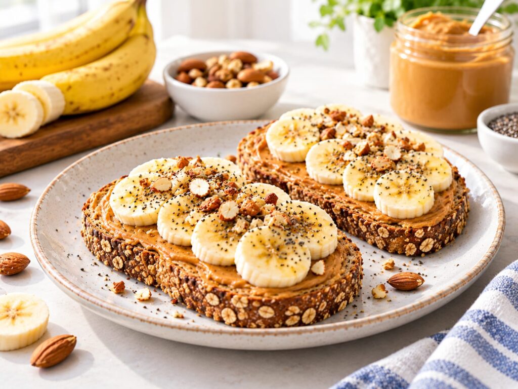 Whole grain toast with peanut butter and sliced banana