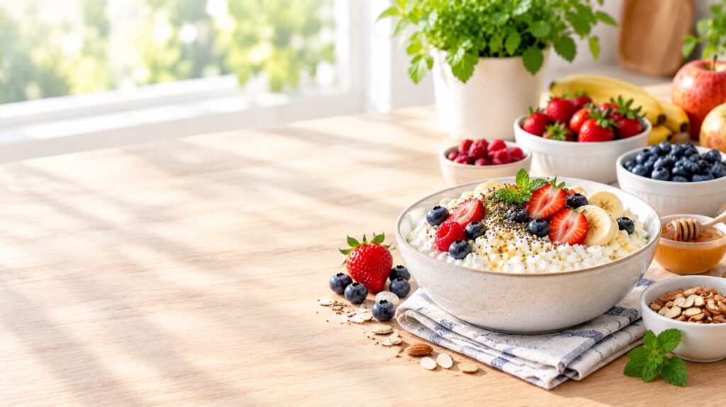 A bowl of cottage cheese topped with strawberries, blueberries, kiwi, pineapple, and honey.
