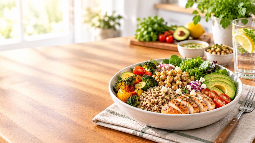 Healthy meal prep bowls with grilled chicken, quinoa, vegetables, and fresh salad.
