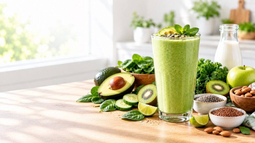 Creamy avocado spinach smoothie with fresh avocado, spinach, banana, and healthy ingredients.