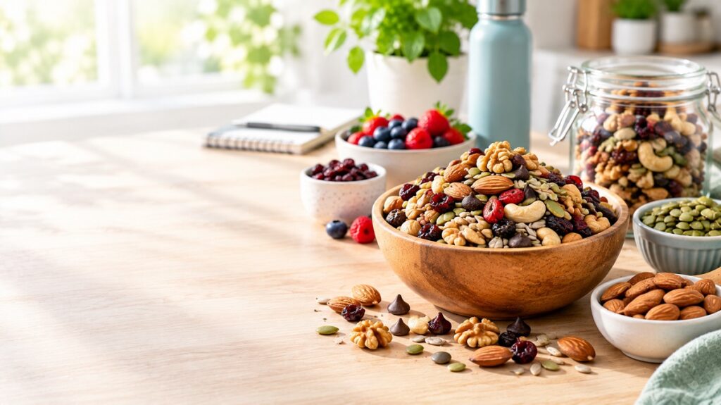 Homemade trail mix with almonds, walnuts, pumpkin seeds, raisins, dried cranberries, and dark chocolate chips.