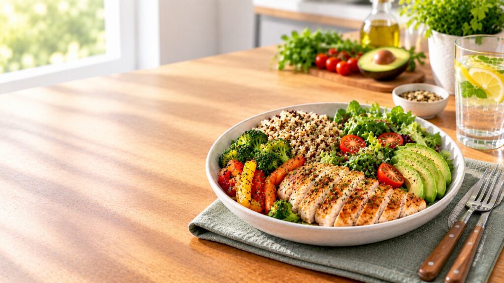 Healthy homemade dinner with grilled chicken, quinoa, fresh vegetables, avocado, and leafy greens.