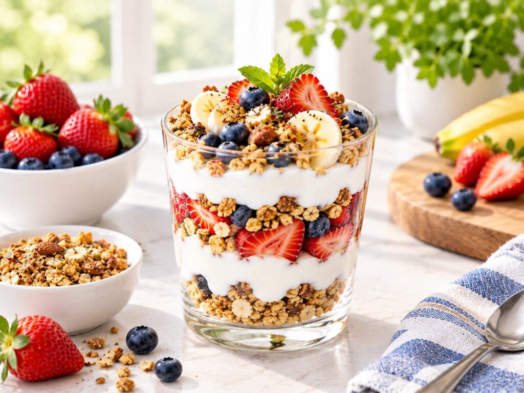 7.
Yogurt parfait layered with fresh berries, fruit and granola