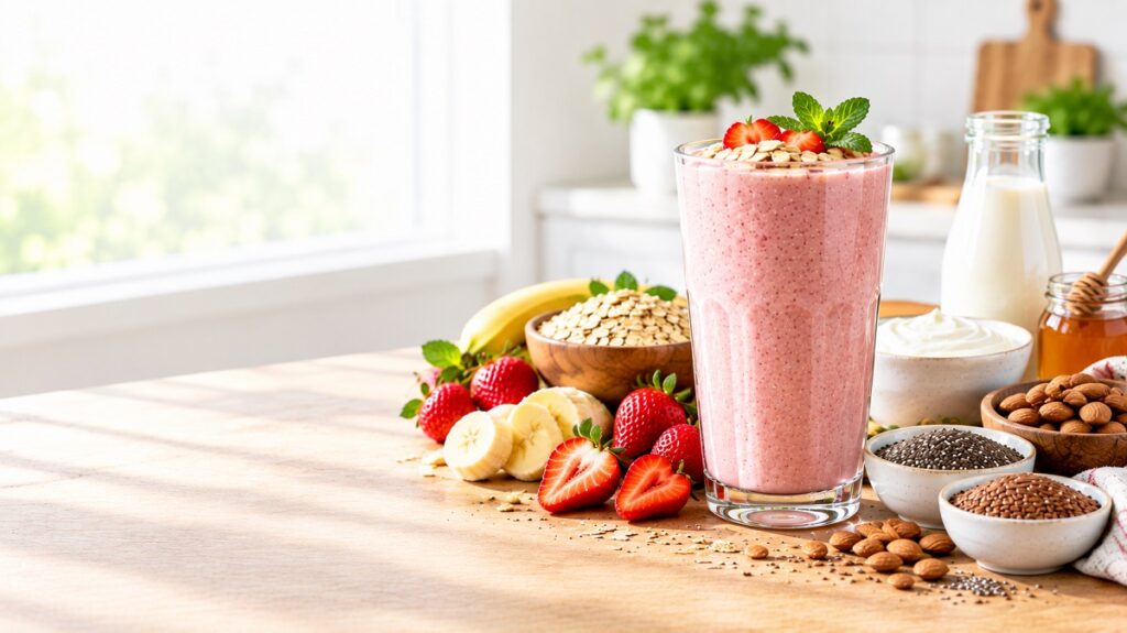 Strawberry smoothie with oats, yogurt, and fresh berries for a healthy breakfast option.