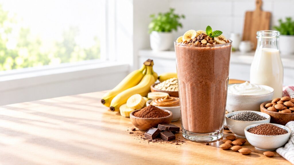 Chocolate banana smoothie made with cocoa, banana, yogurt, and peanut butter as a healthy sweet drink.