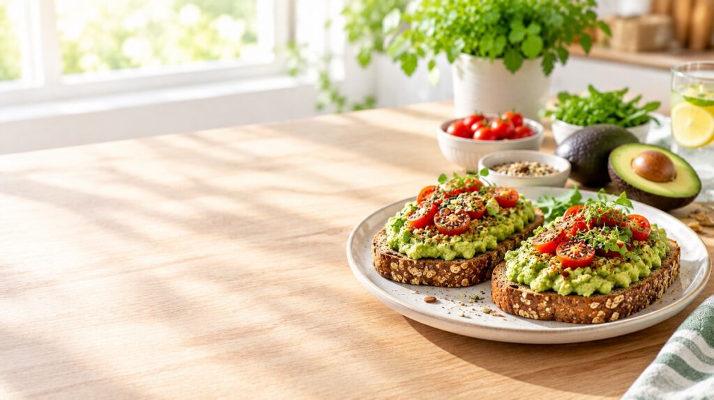 Whole-grain toast topped with mashed avocado, cherry tomatoes, seeds, and microgreens.