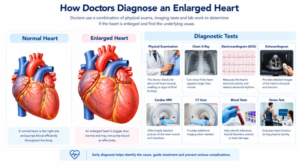 Doctor examining a patient's heart using diagnostic tools to evaluate an enlarged heart. The illustration shows common diagnostic methods, including a stethoscope, electrocardiogram (ECG), echocardiogram, chest X-ray, blood tests, and cardiac MRI, helping identify the cause and severity of cardiomegaly. Educational medical image on a clean white background, suitable for a health website article about how doctors diagnose an enlarged heart.