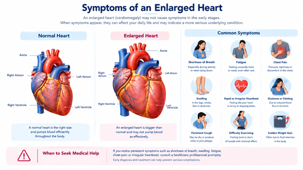 Medical illustration showing the common symptoms of an enlarged heart, including shortness of breath, chest pain, fatigue, irregular heartbeat, dizziness, swelling in the legs and ankles, and difficulty exercising. The image features a highlighted heart with symptom icons and a patient experiencing warning signs. Clean, professional, non-graphic design on a white background, suitable for a health website article about enlarged heart symptoms.