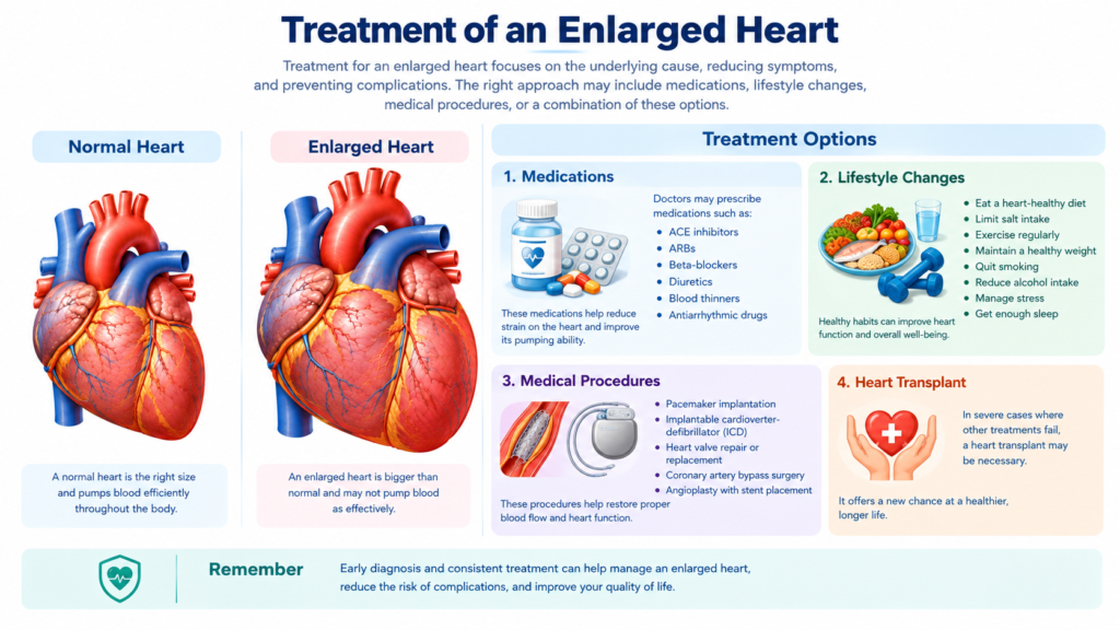 Medical illustration showing treatment options for an enlarged heart, including prescription medications, heart-healthy lifestyle changes, regular exercise, a balanced diet, blood pressure monitoring, and advanced treatments such as pacemakers or surgery when needed. The image highlights a doctor discussing a personalized treatment plan with a patient beside a heart diagram. Clean, professional, non-graphic design on a white background, suitable for a health website article about enlarged heart treatment.