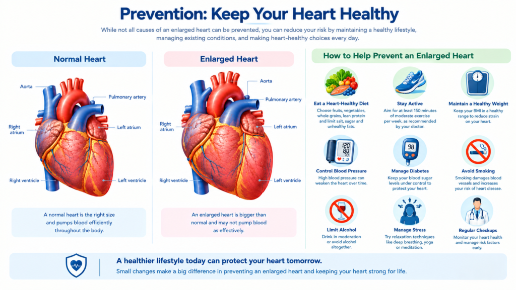 **Alt Text:** Medical illustration showing ways to prevent an enlarged heart through healthy lifestyle habits. The image includes a balanced diet, regular exercise, maintaining a healthy weight, controlling blood pressure, avoiding smoking and excessive alcohol, managing stress, and routine medical checkups. A healthy heart is displayed alongside preventive health icons on a clean white background. Educational, non-graphic image suitable for a health website article about enlarged heart prevention.