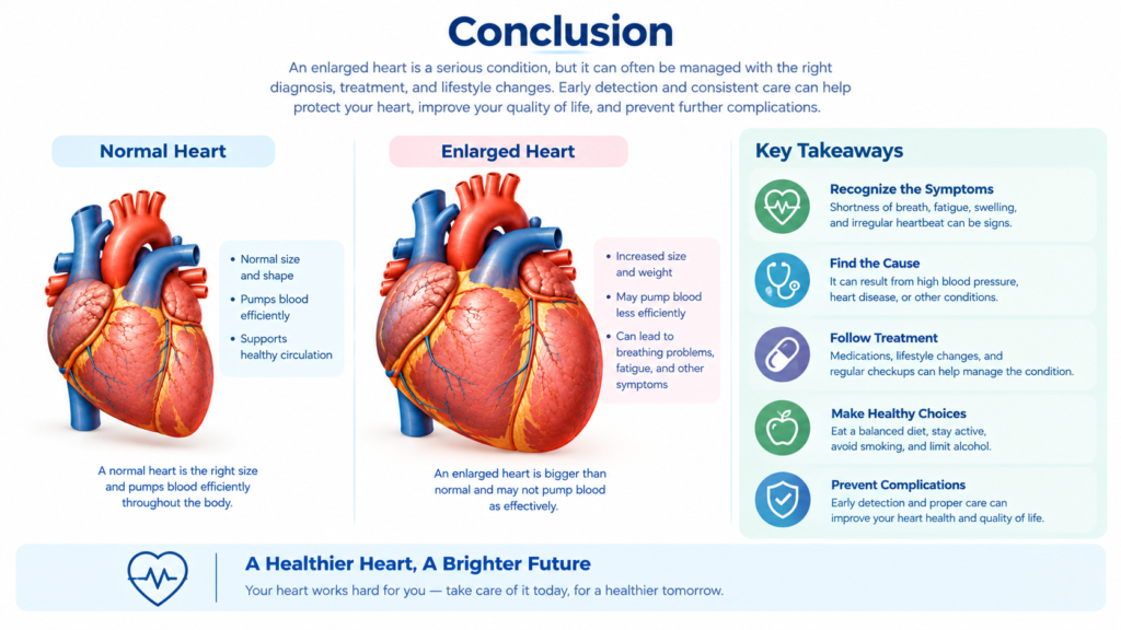 **Alt Text:** Educational medical illustration summarizing the key points about an enlarged heart. The image features a healthy heart beside an enlarged heart with symbols representing early diagnosis, proper treatment, healthy lifestyle choices, and regular medical checkups. A doctor and patient are shown discussing heart health, emphasizing the importance of timely care and prevention. Clean, professional, non-graphic design on a white background, suitable for the conclusion section of a health website article about an enlarged heart.