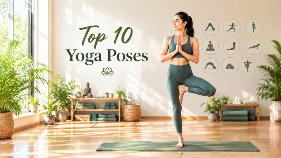 Person practicing a beginner-friendly yoga pose in a bright modern studio representing the top 10 yoga poses.