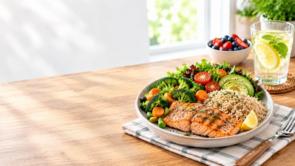 Grilled salmon served with brown rice, steamed broccoli, carrots, and fresh vegetables for a balanced healthy lunch.