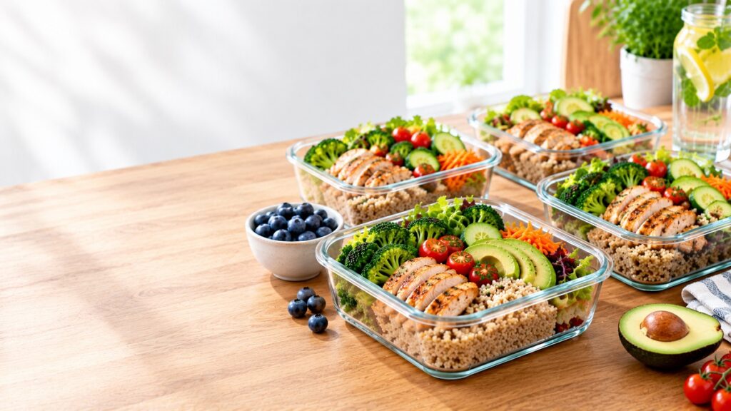 Glass meal prep containers filled with grilled chicken, quinoa, vegetables, avocado, and healthy lunches for the week.