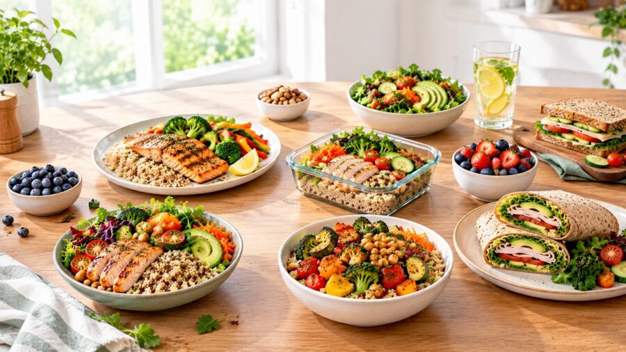 Healthy lunch ideas featuring grilled chicken, quinoa, fresh vegetables, fruit, whole grains, and lemon water on a wooden table.