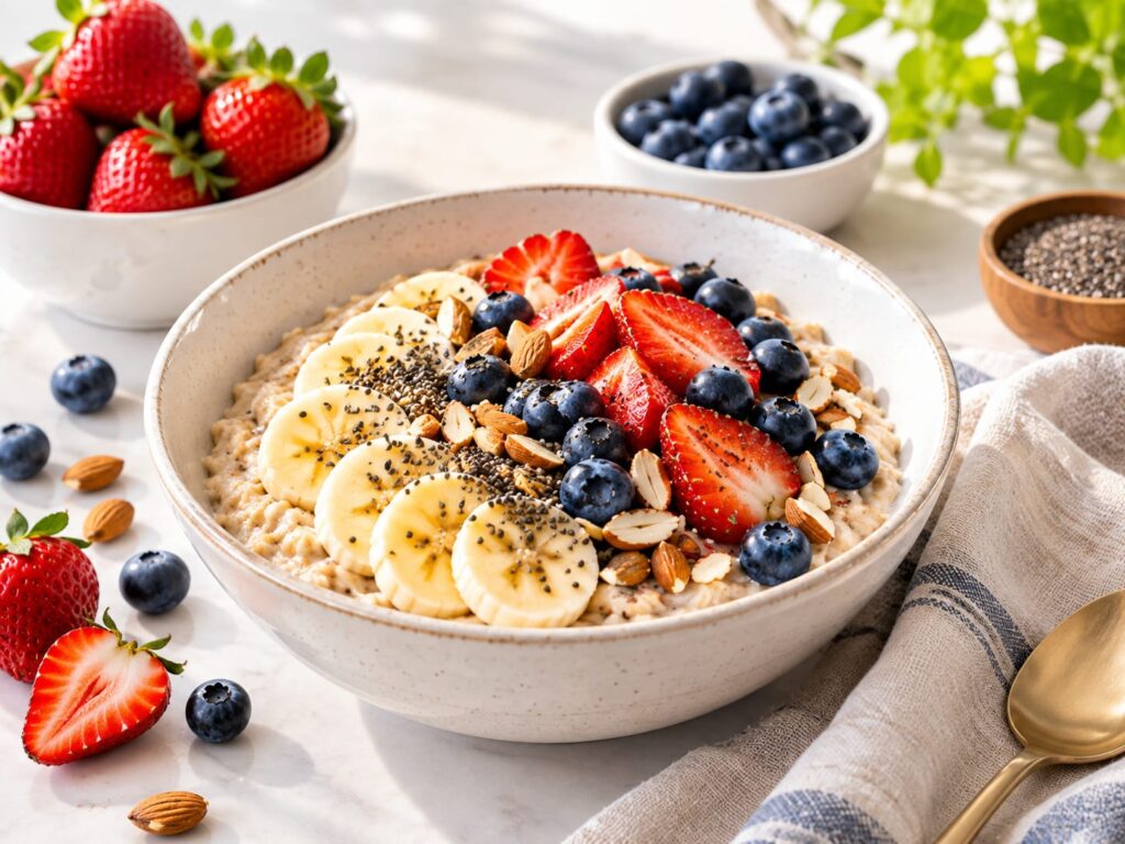 Oatmeal topped with fresh bananas, strawberries and blueberries