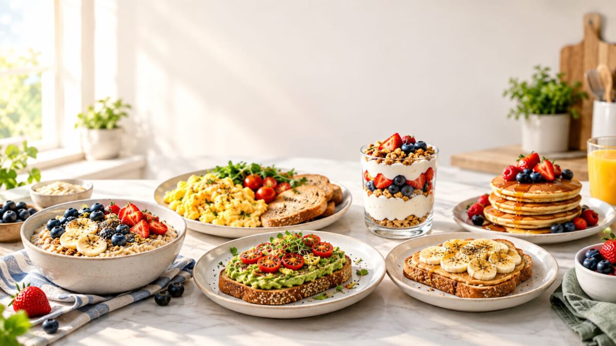 Top 7 healthy breakfast ideas with oatmeal, eggs, avocado toast and pancakes