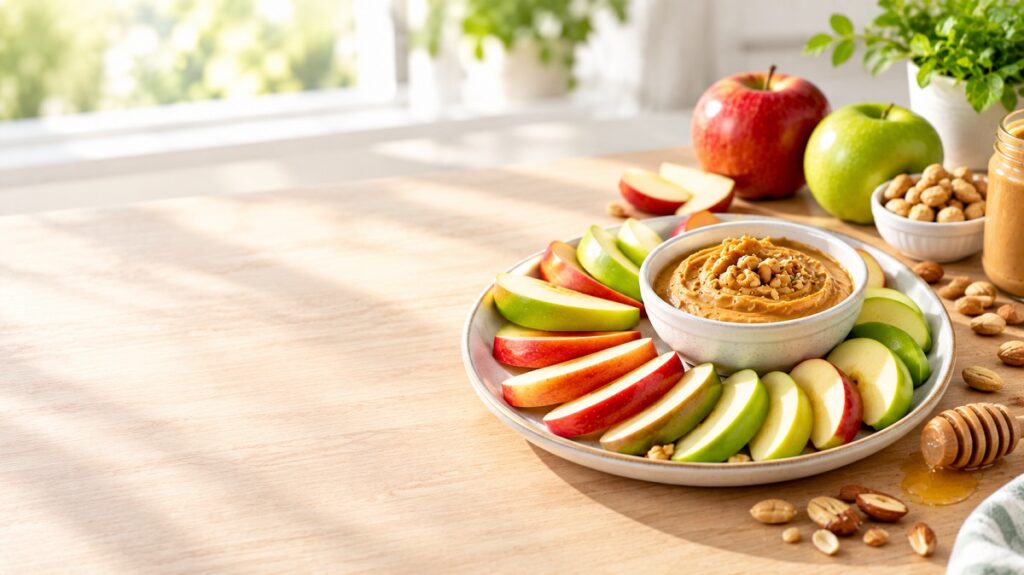 Fresh red and green apple slices served with natural peanut butter on a wooden table.