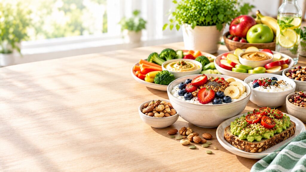 A healthy snack spread featuring yogurt, fruit, hummus, mixed nuts, trail mix, cottage cheese, apple slices, and avocado toast.