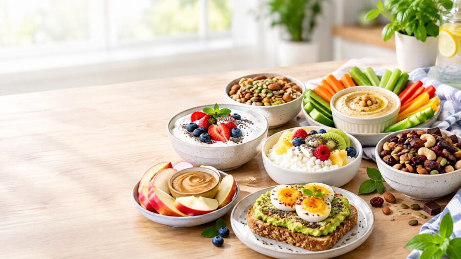 A healthy assortment of Greek yogurt, fresh berries, apple slices with peanut butter, mixed nuts, hummus, cottage cheese, trail mix, and avocado toast on a wooden table.