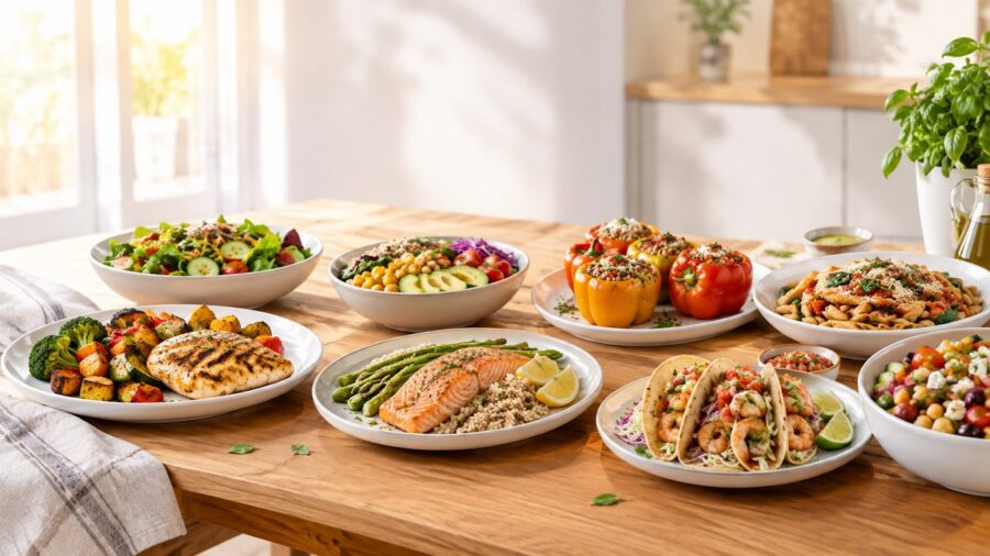 Healthy dinner table with grilled chicken, baked salmon, quinoa bowl, stuffed bell peppers, shrimp tacos, fresh salad, and roasted vegetables.