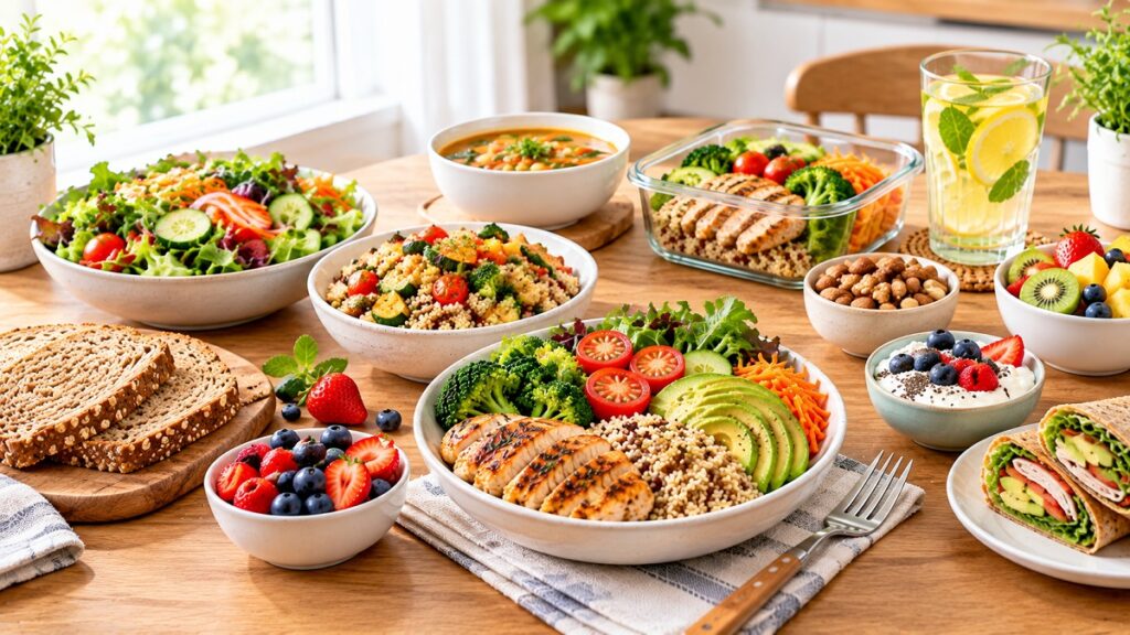 Healthy lunch table featuring salads, wraps, grain bowls, grilled salmon, fresh fruit, vegetables, and nutritious meal options.