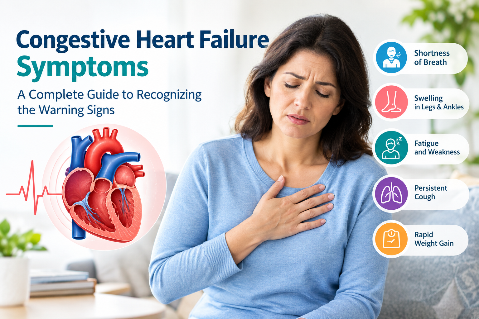 Congestive heart failure symptoms illustration showing chest discomfort, shortness of breath, swollen legs and ankles, fatigue, persistent cough, and rapid weight gain.