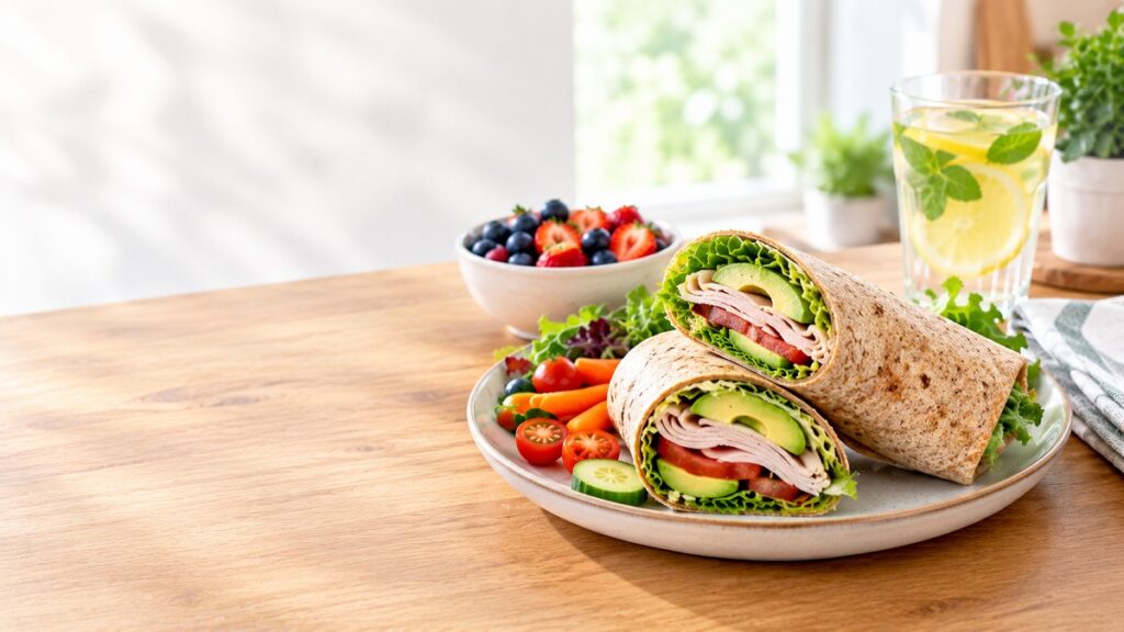Whole-wheat turkey and avocado wrap with lettuce, tomato, and fresh vegetables served as a healthy high-protein lunch.