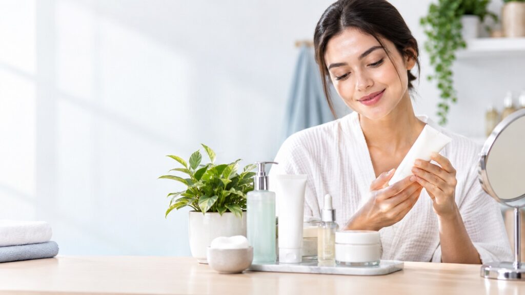 Collection of skincare products suitable for different skin types arranged neatly on a vanity.