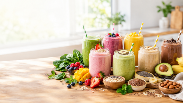 A collection of healthy smoothies made with fresh fruits, vegetables, berries, and nutritious ingredients for a balanced lifestyle.
